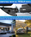 No Fuss Portable Level 2 EV Charger With J1772 Connector For Electric Cars, 40 Amp charging Tesla vehicles outdoors.