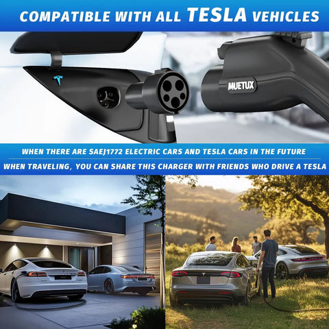 No Fuss Portable Level 2 EV Charger With J1772 Connector For Electric Cars, 40 Amp charging Tesla vehicles outdoors.