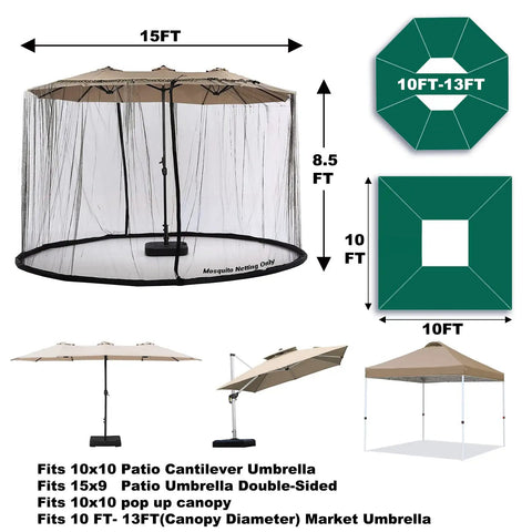 Diagram showing the Extra Large Patio Umbrella Mosquito Net For 15Ft Double-Sided And 10x10 Square Umbrellas with dimensions and fit.