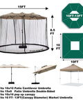 Mosquito Netting for Patio Umbrella 10x10 Ft Canopy Screen, Weather Resistant 75D Polyester Mesh With TPU Base, fits 15 ft umbrella
