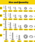 Chart showing size and quantity of 1220Pcs Metric Screws Assortment Kit M3 M4 M5 M6 With Hex Socket Head Cap Bolts Nuts And Washers In 304 Stainless Steel