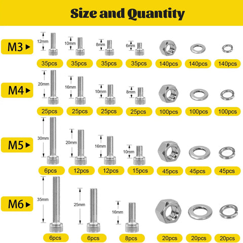 Chart showing size and quantity of 1220Pcs Metric Screws Assortment Kit M3 M4 M5 M6 With Hex Socket Head Cap Bolts Nuts And Washers In 304 Stainless Steel