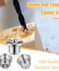 DIY Friendly 32 Piece Dowel Pin Center Point Kit For Woodworking Solid And Hollow Dowel Centers And Transfer Plugs Includes 1/4 5/16 3/8 1/2 Inch Pins 6 8 10 12 Mm For Quick Fits And Precise Alignment being used in wood joinery with stainless steel components.
