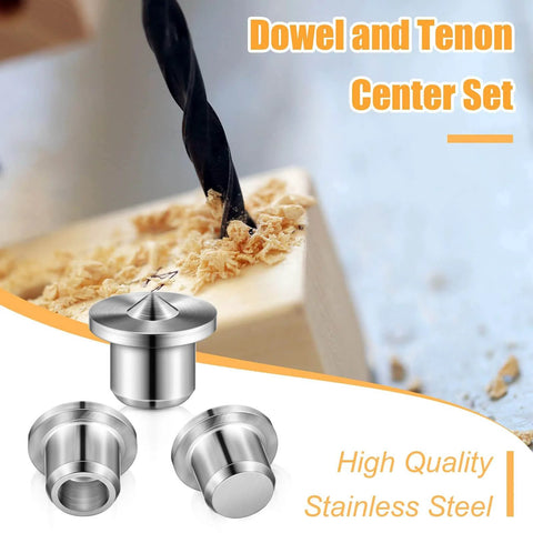 DIY Friendly 32 Piece Dowel Pin Center Point Kit For Woodworking Solid And Hollow Dowel Centers And Transfer Plugs Includes 1/4 5/16 3/8 1/2 Inch Pins 6 8 10 12 Mm For Quick Fits And Precise Alignment being used in wood joinery with stainless steel components.