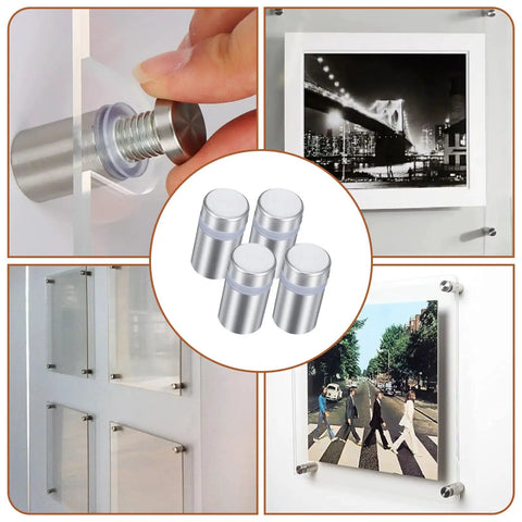 Heavy Duty Stainless Steel Standoff Screws One Half By Three Quarters Inch With Silicone Buffer Pads For Hanging Art And Wall Displays in use, showcasing mounting process and finished display.