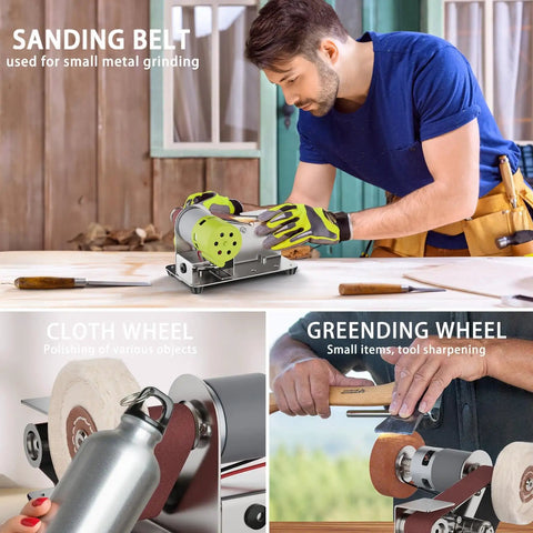 Smooth Operator Mini Belt Sander With 7 Adjustable Speeds And 15 Degree Angle Guide for metal grinding and tool sharpening.