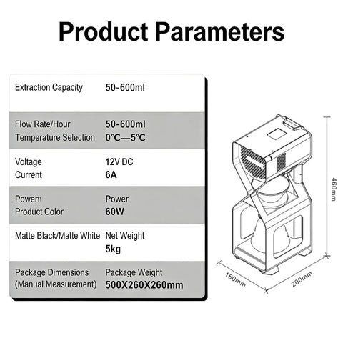 Product parameters for Premium Electric Ice Drip Coffee Maker With Glass Carafe And Led Touchscreen.