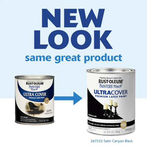 New look of Painters Touch 2X Ultra Cover Satin Latex Paint for indoor and outdoor projects, low odor, water-based with chip resistance.