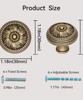 Antique Brass Cabinet Knobs 12 Pack Floral Carved Round Dresser Hardware with screws, showing size dimensions.
