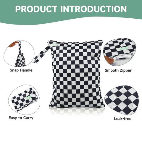 Leakproof Wet Dry Bag Set For Baby Gear 3 Pack Checkerboard Pattern with snap handle, smooth zipper, leak-free design