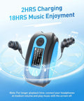 Dope Waterproof MP3 Player With Screen IPX8 8GB showing music playback on display with earphones and text about battery life