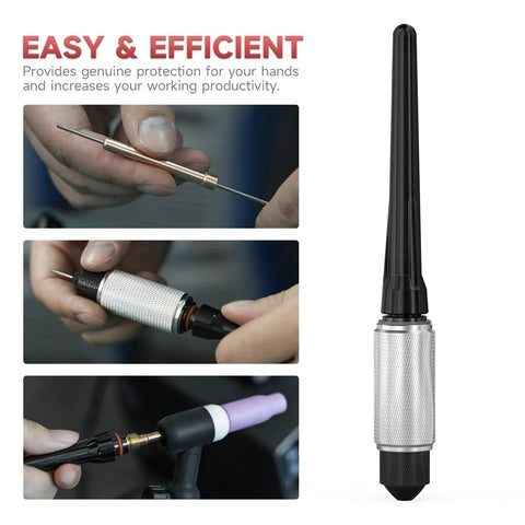 Top Shelf TIG Tungsten Electrode Sharpener Holder With No Sweat Safety Vise showing tool details, safe grip for sharpening electrodes.