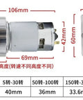 Top Shelf 775 Dc Gear Motor 24 Volt 35 Watt 400 Rpm Beefy Miniature Torque Workhorse Built Tough For Robotics Diy Projects Smooth Running Industrial Automation, showing dimensions.