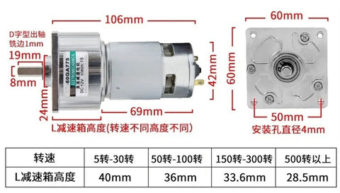 Image showing dimensions and specifications of the 775 Series DC Gear Motor Rolling Smooth And Cranking Hard 12V To 24V Specs Fuel 35W Of Badass Torque.