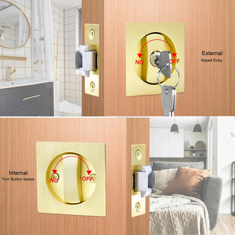 Two Pack Pocket Door Lock With Key For Sliding Barn Doors Recessed Two Sided Latch With Flush Handles Universal Left Or Right Handed Design Two And Three Eighths Inch Backset