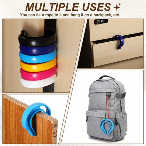 Six Pack Door Pinch Guard and Slam Stopper Set Durable Plastic Door Deterrent Keeps Fingers Safe Perfect for Slamming Doors Pets and Locked Rooms 3.1x2.9 Inch Yellow displayed with multiple uses including drawer, door, and backpack attachments.