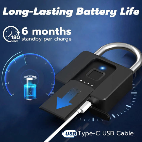 Beefy Biometric Fingerprint Padlock With Bluetooth App Control showcasing USB Type-C charging and battery life display.