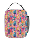 Desert Cactus Flower Insulated Lunch Bag On The Go Lunch Box Tote with colorful cactus design and mesh side pocket.