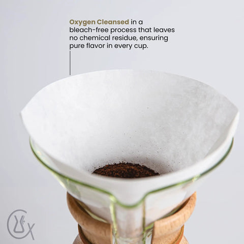 Unfolded 100 Count Coffee Filters With Oxygen Cleansing Circle Shape Absorbent Fibers in conical drip brewer with coffee