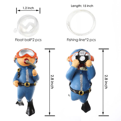 Two Pack Cool Little Diver Aquarium Decorations Floating Accessories for Fish Tanks Safe Resin Ornaments with dimensions