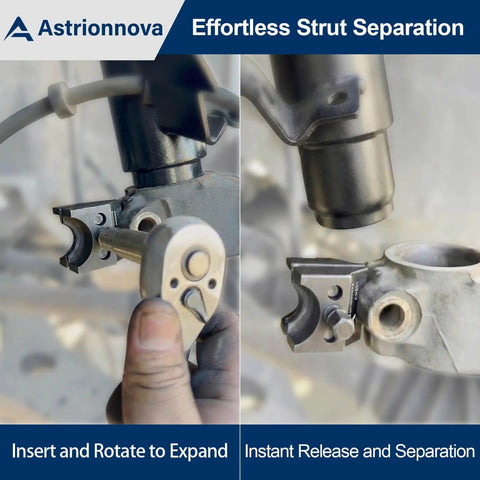 Astrionnova universal suspension strut spreader tool, heavy-duty dual-end, steel gray, shown in front and side views.