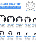 Must Have External E Clip Retaining Ring Washer Assortment Kit In Alloy Steel, Heat Treated For Tough, Reliable Build, 10 sizes