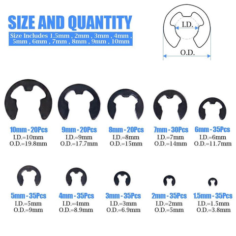 Must Have External E Clip Retaining Ring Washer Assortment Kit In Alloy Steel, Heat Treated For Tough, Reliable Build, 10 sizes
