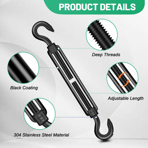 2 Pack M8 Hook and Hook Turnbuckle 304 Stainless Steel Heavy Duty Wire Rope Tensioner with black finish and adjustable length