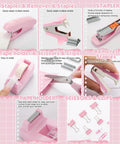 Close-up image of pink stapler, staple remover, tape holder, scissors, and clips from Pink Must Have Desk Organizer Set For Women.