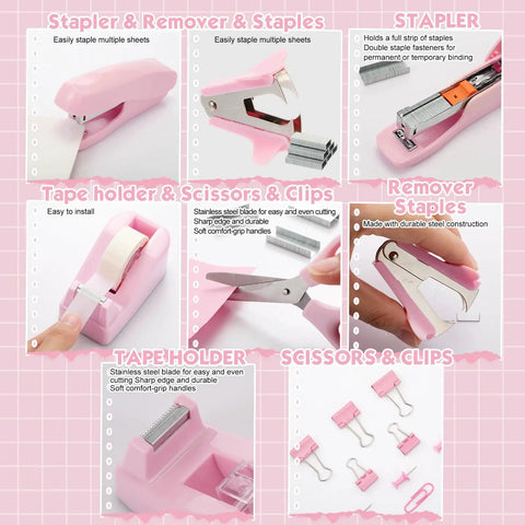 Close-up image of pink stapler, staple remover, tape holder, scissors, and clips from Pink Must Have Desk Organizer Set For Women.