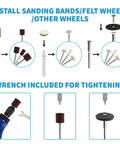 652-Piece All-In-One Rotary Tool Accessory Kit Dremel Compatible For Grinding Sanding Cutting Drilling Cleaning Polishing And Carving With Silicon Carbide And Aluminum Oxide Wheels Diamond Grinding Bits HSS Drills Wire Brushes Wool Polishing Wheels showing sanding bands and felt wheels installation with wrench
