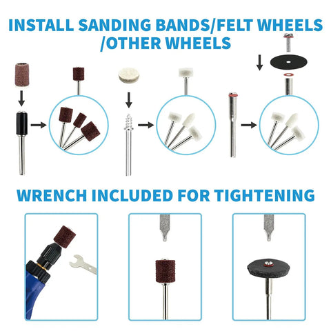 652-Piece All-In-One Rotary Tool Accessory Kit Dremel Compatible For Grinding Sanding Cutting Drilling Cleaning Polishing And Carving With Silicon Carbide And Aluminum Oxide Wheels Diamond Grinding Bits HSS Drills Wire Brushes Wool Polishing Wheels showing sanding bands and felt wheels installation with wrench
