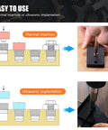 Diagram and photos showing thermal and ultrasonic insertion methods for Brass Heat Set Threaded Inserts Kit For Plastic And 3D Printing, 350 Pcs M2 To M6 Female Knurled Nuts With Metric Threads, Injection Molding Ready, Install By Ultrasonic Or Heat Insertion For Strong Joints.