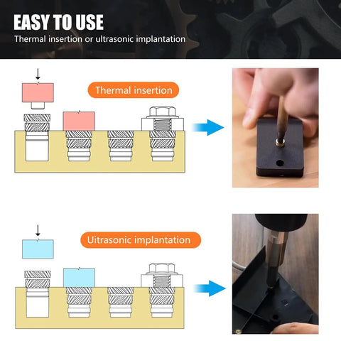 Diagram and photos showing thermal and ultrasonic insertion methods for Brass Heat Set Threaded Inserts Kit For Plastic And 3D Printing, 350 Pcs M2 To M6 Female Knurled Nuts With Metric Threads, Injection Molding Ready, Install By Ultrasonic Or Heat Insertion For Strong Joints.