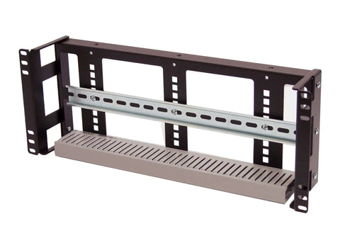 4U Rackmount Low Profile DIN Rail Panel, 3.78 Inch Depth, shown with heavy duty 14 gauge steel, fits standard 19 inch racks.