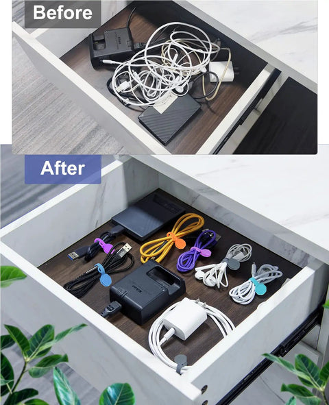 Drawer before and after using 8 Pack Silicone Magnetic Cable Ties And Clips Cord Organizer Set with neat cords.