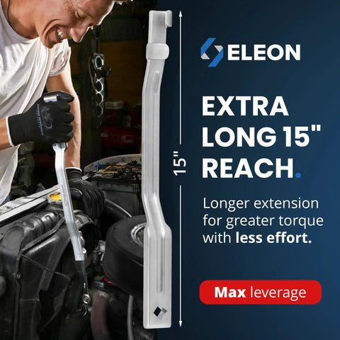 Rhino Wrench Extender Tool Bar For Extra Long Leverage 15 Inch Wrench Extension showcasing its use in automotive work