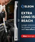 Mechanic using Rhino Wrench Extender Tool Bar For Maximum Leverage And Torque Multiplier, non slip gloves, garage hook.