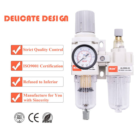 1/4 NPT Air Filter Regulator Lubricator Combo With Auto Drain And Manual Drain Water Oil Separator, Gauge 0-150 Psi, Poly Bowl