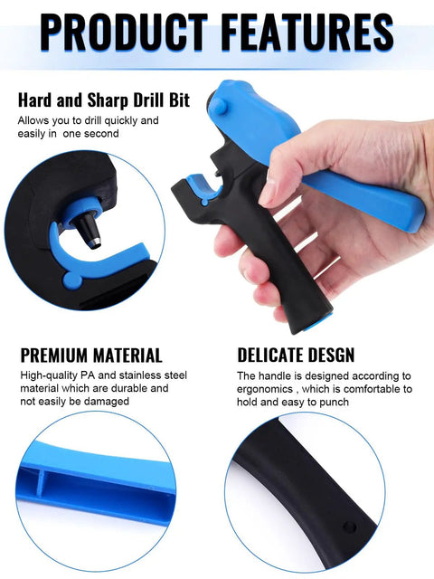 Hand holding 2 Pack Drip Irrigation Tubing Hole Punch Tool For 16/20mm PE Pipe with blue handle and metal tip