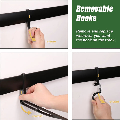 Heavy Duty Wall Mounted Tool Rack With Six Aluminum Hooks For Garage, Shed Or Workshop, Customizable, Space Saving Storage For Rakes Shovels Tools And Garden Gear showing removable hooks.