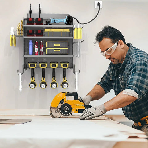 Heavy Duty Drill Wall Mount Power Tool Organizer with Eight Outlet Charging Station and Carbon Steel Pegboard in workshop