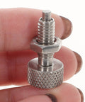 Premium Quality Two Piece Stainless Steel Indexing Plunger With Knurled Grip Handles Quick Release Easy Snap Retractable Spring Locking Pin held in hand.