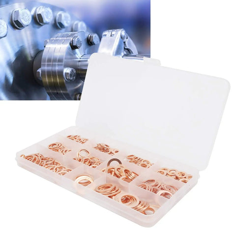 Rad 300 Pcs Red Copper Gasket Washer Assortment Kit High Thermal Conductivity Fits Auto And Hydraulic Systems M5 To M16 flat washers in case