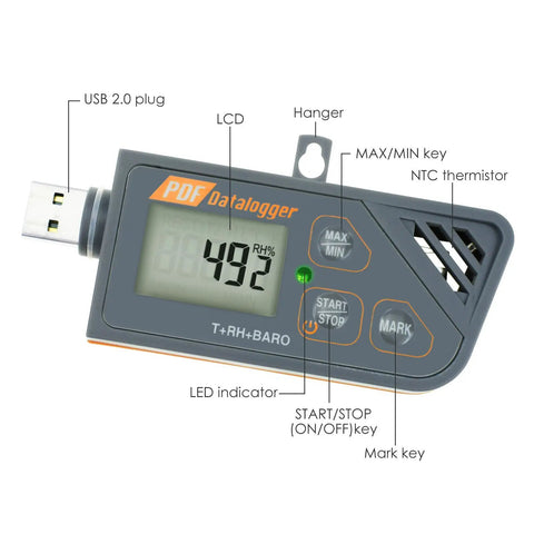 Usb Temperature Data Logger With Real Time Humidity And Barometric Pressure Monitoring Ip65 Waterproof Outdoor Tracker For Crisp Pdf Csv Reports No Hassle Plug And Play with LCD display, USB plug, and control buttons.