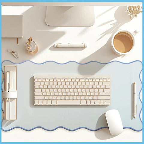 Scalloped Desk Pad With Edge Stitching Large Nonslip Waterproof Table Mat Blue 31.5 x 15.8 Inches Aesthetic Preppy Desk Accessory