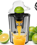 Fresh juice pouring from Pramedia Cordless Electric Citrus Juicer 60W Stainless Steel USB-C Rechargeable Orange Squeezer.