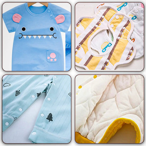 Complete 504 Piece Plastic Snap Kit With Pliers For Sewing And DIY Crafts, T5 12mm Snaps showcased on baby clothes and bibs