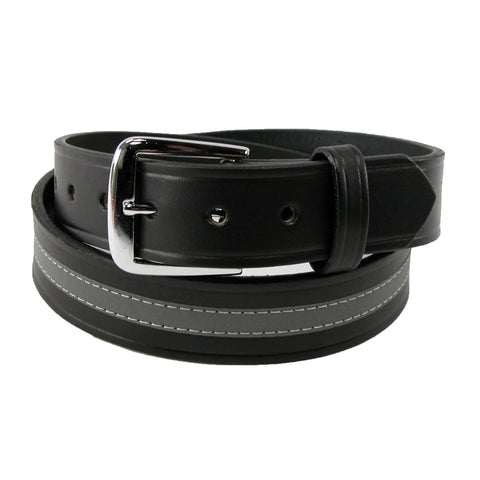 Leather Work Belt With Reflective Safety Stripe 1.5 Inch Wide In Black, Removable Silver Buckle, Made In USA, Built For Job Sites And Daily Heavy Duty Use, Size Up One For Best Fit
