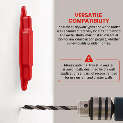 (4-Pack) Calvana Magnetic Stud Finder Wall Scanner attached to a wall, highlighting versatile use for drywall construction in red.